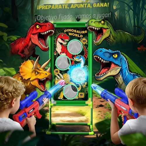 Vista 2 de Juego de disparos con dinosaurios, 2 lanzadores de bomba de aire con diversión de apuntar, 3 temas de dinosaurios y 4 puntos de puntuación