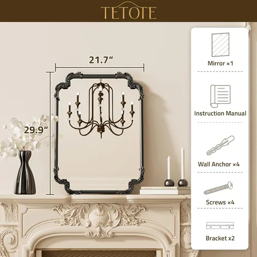 Vista 7 de TETOTE Espejo rectangular negro barroco vintage para pared, 22 x 30 pulgadas, marco de desplazamiento antiguo, espejo de manto francés