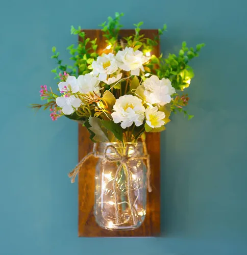Vista 6 de Decoración rústica para el hogar, apliques de pared con tarro de masón, luces LED y flores con temporizador, decoración de madera hecha a mano