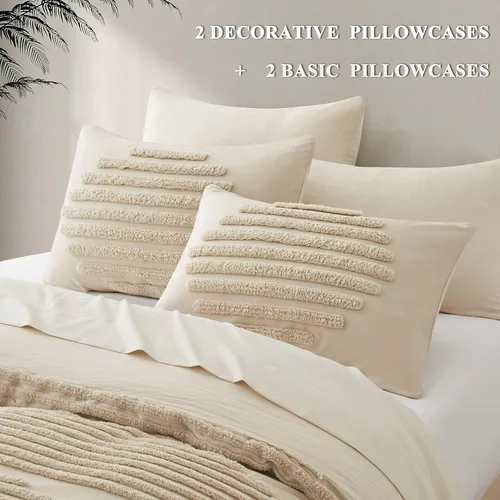 Vista 4 de BEDAZZLED Funda de edredón tamaño Queen, 5 piezas, juego de funda de edredón texturizada blanca, suave y transpirable, juego de funda de edredón