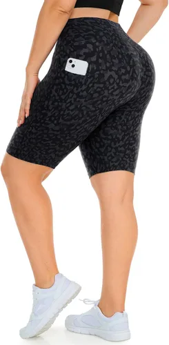 MOREFEEL Pantalones cortos de ciclismo de talla grande de 8 pulgadas con bolsillos para mujer, cintura alta, control de abdomen, pantalones cortos