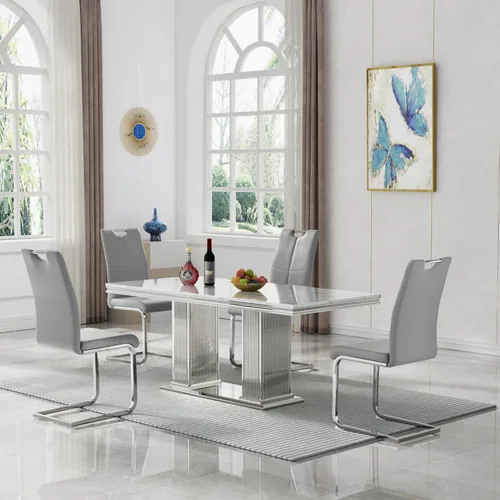 Vista 53 de 5 Piece Black Marble Dining Table Set for 4, Modern Faux Marble Kitchen Dining Room Tables with 4 Leather Chairs Set, 68.11" Luxury Rectangular