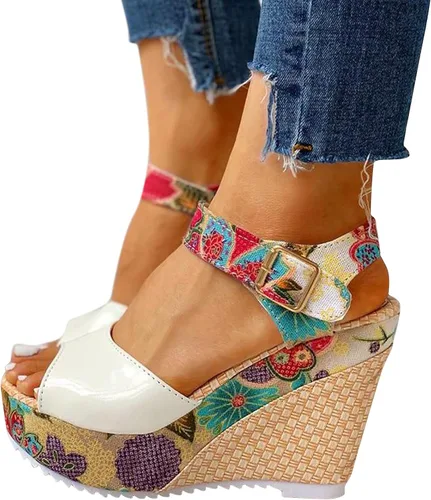 Sandalias de cuña para mujer, alpargatas, sandalias de cuña, con corte floral, sandalias de plataforma con cordones