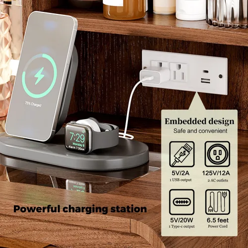 Vista 8 de Escritorio de maquillaje de 47 pulgadas con espejo y luces, escritorio de tocador con 7 cajones y estantes de almacenamiento, mesa de tocador