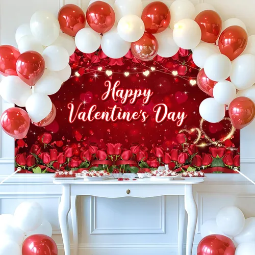 Vista 2 de Avezano Telón de fondo para el día de San Valentín, diseño floral de rosas rojas para el día de San Valentín, decoración de boda, accesorios