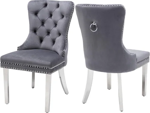 Vista 12 de Juego de 2 sillas de comedor de terciopelo beige, elegantes capitoné