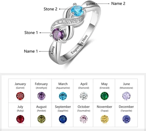 Vista 2 de 925 Sterling Silver Personalized Infinity Mothers Rings with 2 Round Simulated Birthstones Custom Engraved Engagement Promise Rings for Women