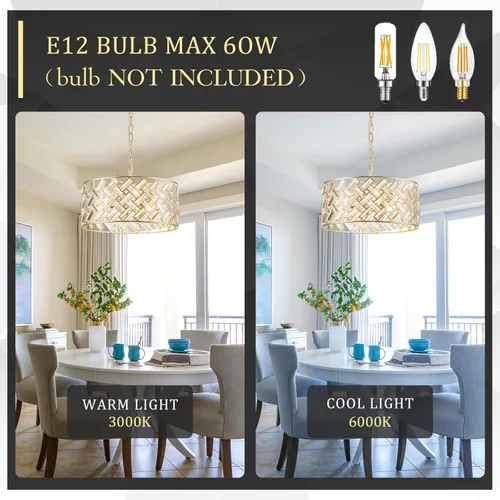 Vista 9 de Candelabro de Cristal Dorado Moderno de 18" Redondo Semi Empotrado Luz de Techo para Comedor, Sala de Estar, Dormitorio y Vestíbulo - Accesorio