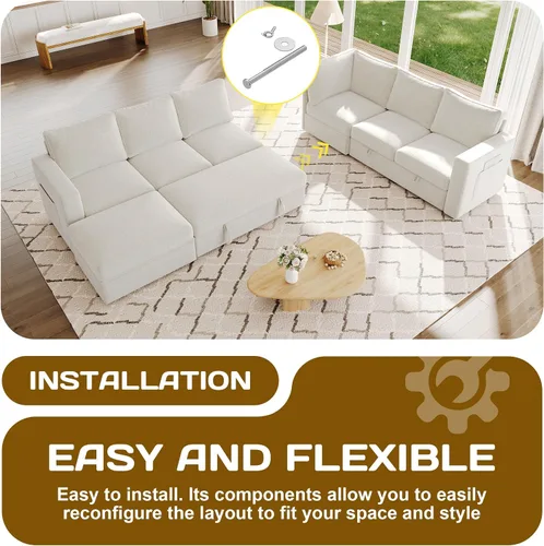 Vista 8 de Sofá modular modular en forma de U de 106.7 pulgadas con cama extraíble y almacenamiento, moderno sofá convertible de 7 asientos, cómodo seccional
