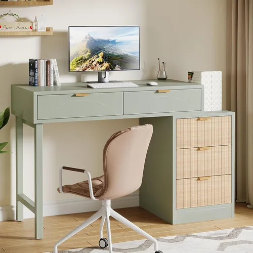 Vista 4 de Tribesigns Escritorio para computadora con 5 cajones, escritorio pequeño reversible con almacenamiento, mesa de estudio de madera moderna, estación