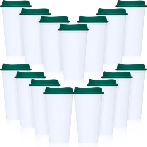 Vista 18 de Domensi Paquete de 15 tazas de café reutilizables con tapas, vasos de viaje desechables de 16 onzas, vasos de plástico a granel para llevar