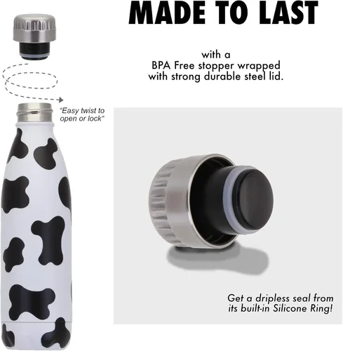 Vista 4 de Vastigo - Botella de agua con estampado de vaca, botella de acero inoxidable aislada de 17 onzas para mujer, bonito regalo de vaca, a prueba