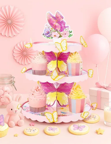 Vista 3 de WERNNSAI Soporte para cupcakes de mariposa de 3 niveles, decoración de fiesta de cumpleaños de mariposa rosa, soporte para cupcakes para niñas