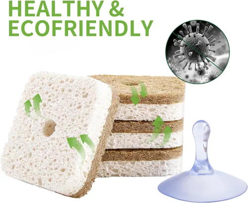 Vista 6 de Paquete de 12 Kickleen Esponjas Naturales para Fregar Platos de Cocina con Colgador de Succión Biodegradables Compostables de Celulosa y Coco