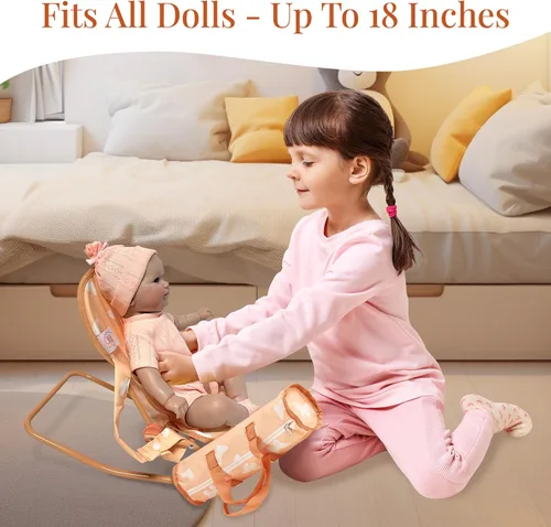 Vista 2 de Juego de cochecito de muñeca bebé 4 en 1 con diseño de mariposa – Incluye cochecito de juguete, cuna, mecedora y silla alta – Accesorios