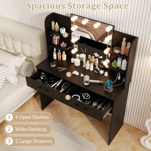 Vista 47 de CHARMAID Juego de mesa de tocador con espejo iluminado, 8 bombillas, cajón grande, estante de almacenamiento de mesa, escritorio moderno