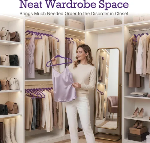 Vista 7 de HOUSE DAY Paquete de 60 perchas de terciopelo morado noble, perchas de terciopelo antideslizantes para ropa resistentes para abrigos, perchas