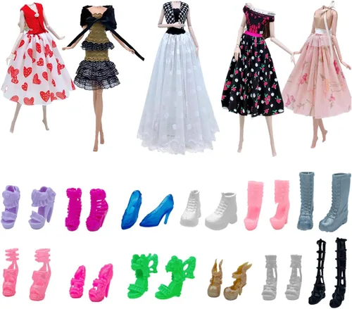 Vista 2 de Ropa de muñeca de moda y accesorios, 5 conjuntos de vestidos de muñeca + 12 pares de zapatos de estilo aleatorio para muñecas de 11.5 pulgadas