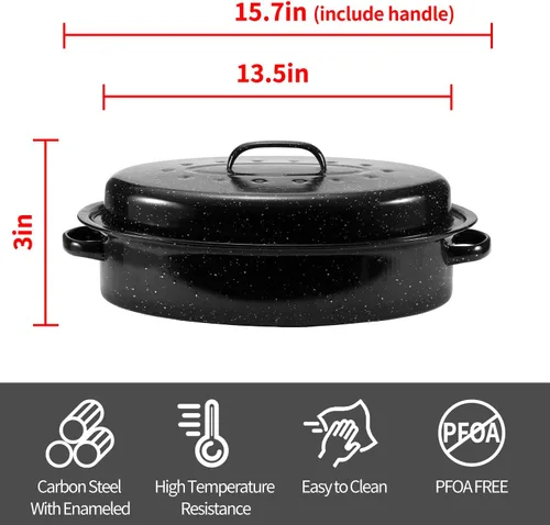 Vista 2 de Sartén para asar de granito, mediana de 16" con tapa abovedada esmaltada. Olla para asar pavo ovalada, sartén para horno ideal para pavo pequeño