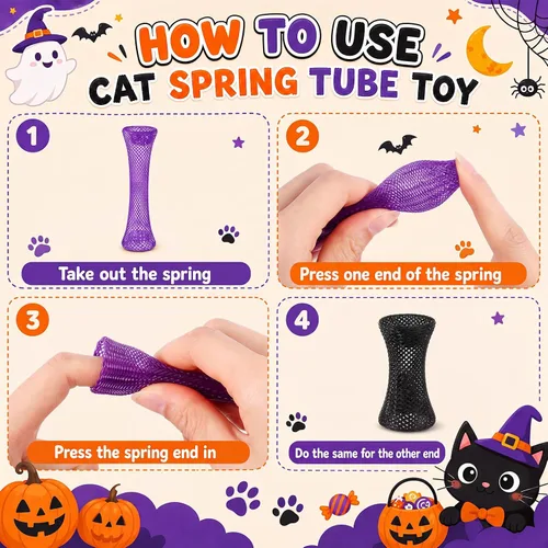 Vista 4 de Leitee 60 Pcs Cat Spring Toys Kitten Tubes,Black, Orange, and Purple Chinese Finger Trap Cat Toy For Indoor Cats, Mesh Tubes Plastic Coil For Pet