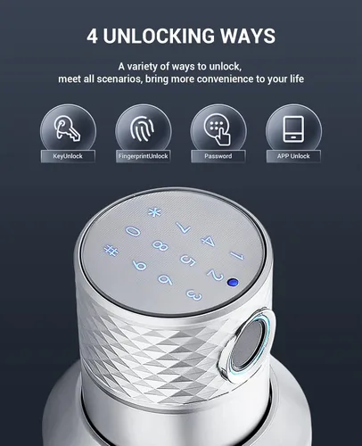 Vista 2 de Cerradura de puerta de huellas dactilares sin llave, 4 maneras de desbloqueo (llave/código/huella dactilar), aleación de zinc, mango electrónico
