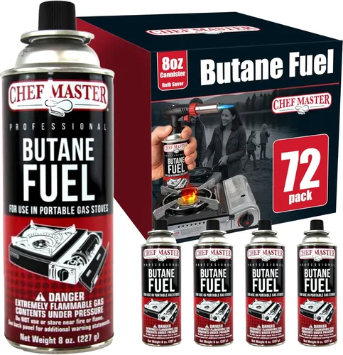 Vista 11 de Chef Master 4 recipientes de combustible de butano de 8 onzas – Recambio de butano para antorcha de cocina y estufa de campamento – Recipiente