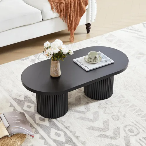 Vista 7 de Mesa de Centro Ovalada Acanalada, Mesa de Centro de Madera Estilo Granja Moderna de Mediados de Siglo, Mesa Central Boho para Sala de Estar y Negro