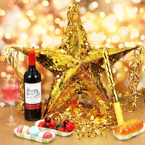 Vista 7 de Piñata de estrella de aluminio con venda y murciélago para niños, forma de estrella de cumpleaños, piñata plegable con palito de piñata, estrella