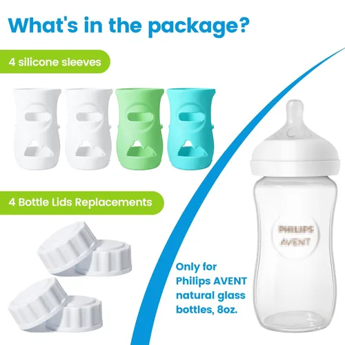 Vista 3 de Paquete de 4 fundas de silicona para botella de vidrio natural Philips Avent, cubierta de silicona de grado alimenticio y 4 tapas de viaje