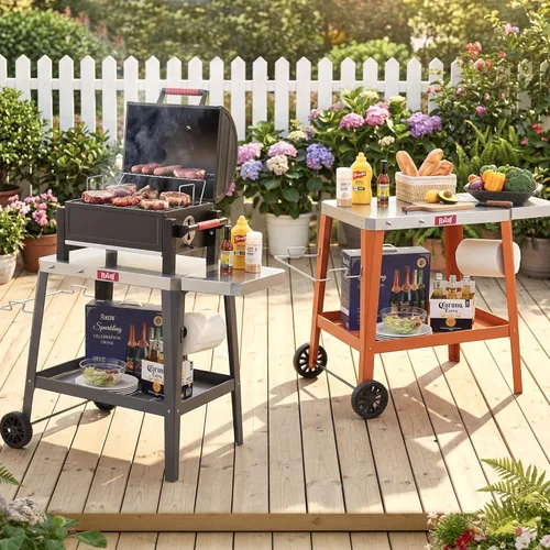 Vista 6 de Feasto Carro de Parrilla al Aire Libre, Mesa con Horno de Pizza con Ruedas, Encimera de Acero Inoxidable con Mesa Extensible Plegable, Carro