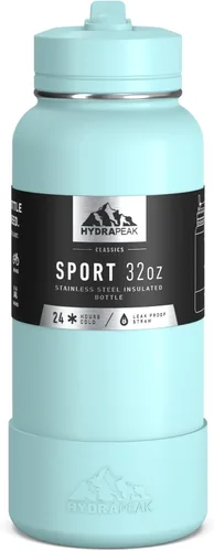 Hydrapeak Botella de agua aislada de 32 onzas con tapa con popote, botella de agua de metal de 32 onzas que se mantiene fría durante 24 horas,