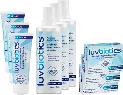 Luvbiotics Family Value Pack – 3 paquetes de cada una de las pastillas de menta + enjuague bucal con flúor + pasta de dientes original para