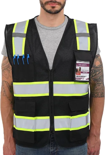 Vista 9 de Dib Safety Chaleco reflectante de alta visibilidad con bolsillos y cremallera, negro con ribete amarillo, talla S