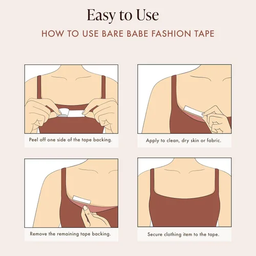 Vista 4 de Bare Babe Cinta de ropa de moda de doble cara, cinta transparente para ropa, cuerpo y todos los tonos de piel (50 tiras), Transparente