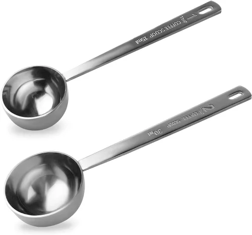 Juego de 2 cucharas de café medidoras de acero inoxidable 18/8, 1 cucharada (0.5 fl oz) y 2 cucharadas (1.0 fl oz), cucharas de mango largo,