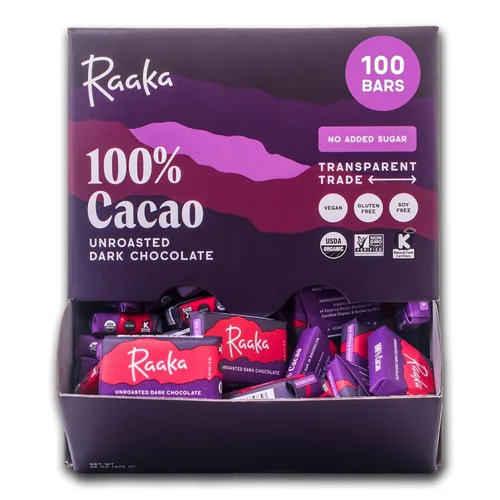 Raaka Mini barras de chocolate, 100% cacao, orgánicas, kosher, veganas, sin gluten, comercio justo, sin soja, sin OMG, paleo, caja de 100 chocolates