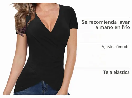 Vista 4 de Afibi - Blusa de manga larga con cuello en V profundo y ajuste slim para mujer A-Negro