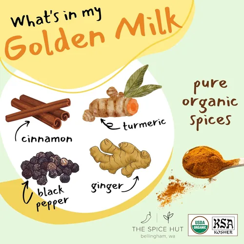 Vista 2 de Leche dorada orgánica cúrcuma en polvo con jengibre, totalmente natural, sin azúcar añadida, ideal para leche dorada, 3.5 onzas, The Spice Hut