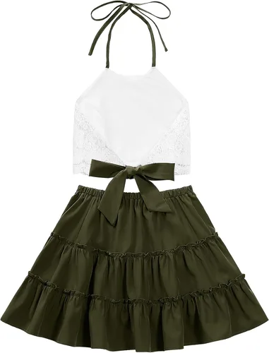 Vista 2 de LYANER Conjunto de 2 piezas para mujer, conjunto de blusa corta con encaje halter y minifalda floral