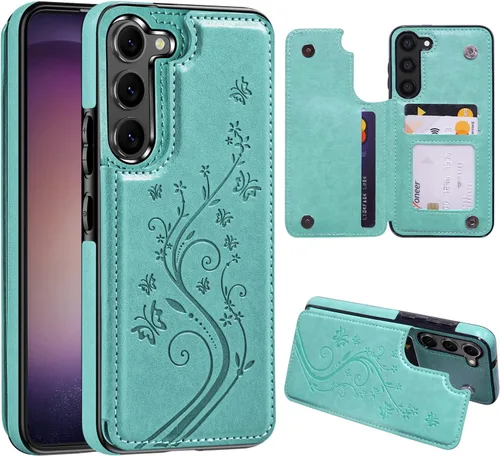 Vista 11 de Korecase Funda de teléfono tipo cartera para Samsung Galaxy S23 con tarjetero, funda de cuero PU floral mariposa - Azul