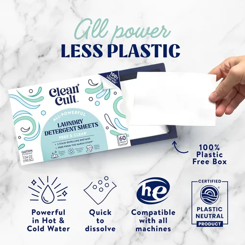 Vista 3 de Cleancult Hojas de detergente para ropa – Caja resellable – 3 enzimas que combaten las manchas – Sin fragancia – 60 cargas – Libre de productos