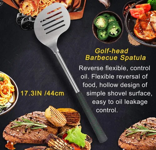 Vista 4 de POLIGO Juego de 7 herramientas de barbacoa estilo club de golf con mango de goma, accesorios de parrilla de acero inoxidable para parrilla al aire