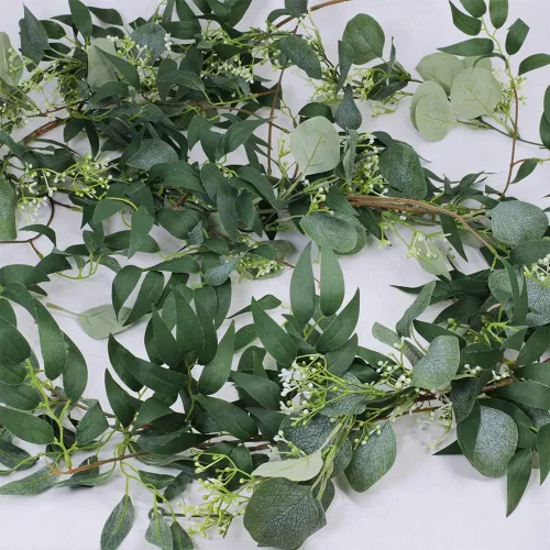 Vista 3 de Fake Greenery Garlands Artificial Silver Dollar Eucalyptus Garland in Grey Green and Willow Twigs Garland Intertwined Together for Rustic Wedding