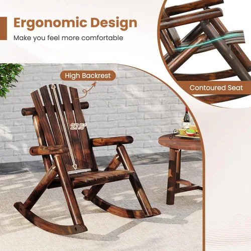 Vista 6 de Tangkula Mecedora de madera al aire libre, mecedora Adirondack exterior con respaldo alto y asiento de listones, mecedora de porche de gran