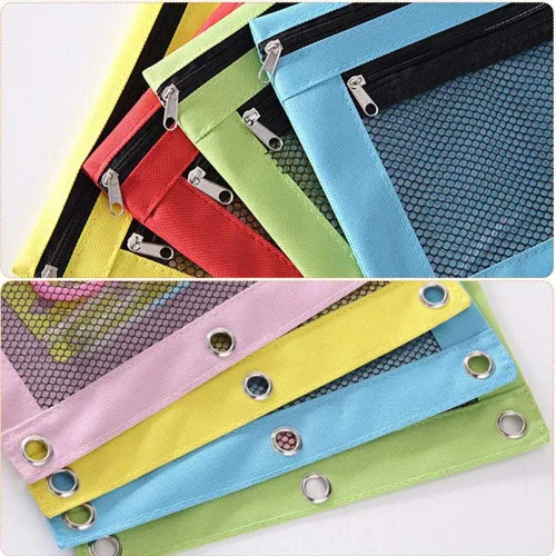 Vista 4 de Estuche para lápices con 3 anillas, con cremallera, estuche para cosméticos, paquete de 2