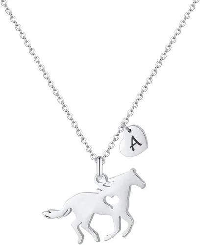 MONOOC Collar de caballo para niñas, delicado colgante de corazón con 26 iniciales para mujeres, niños, amantes de los caballos