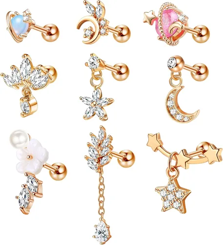 JOERICA 9 aretes de cartílago para mujer, acero inoxidable 316L, chapados en oro, circonia cúbica, colgantes, hélix, tragus, cartílago, piercing de