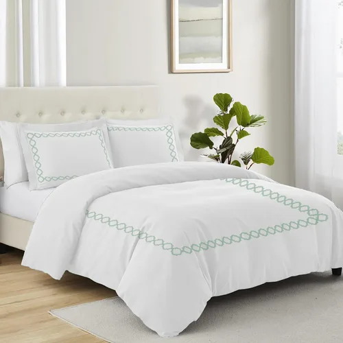 Vista 2 de BedDecor: Enchanted Oasis - Juego de funda de edredón de 3 piezas de 600 hilos de algodón egipcio con bordado de cuadrifolio, ultra suave