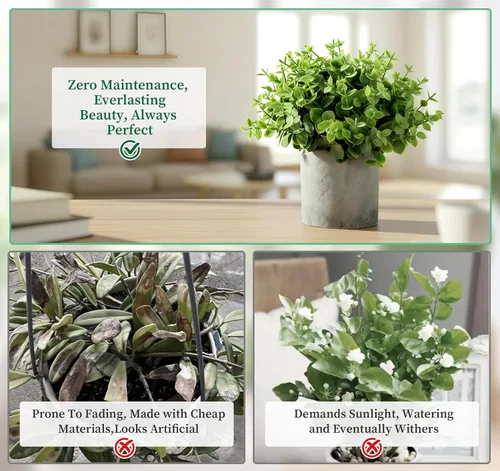 Vista 5 de Lemonfilter Pequeñas plantas falsas, paquete de 5 mini plantas artificiales de eucalipto en maceta, plantas artificiales de plástico para estantes