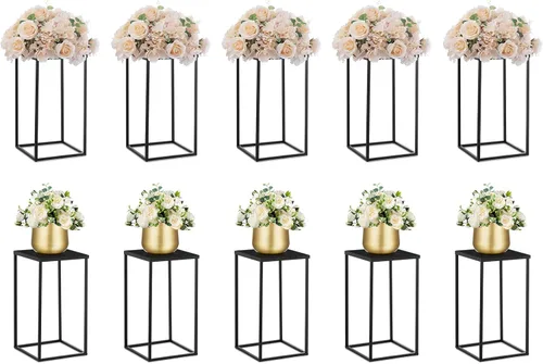 Vista 21 de Nuptio Jarrón de metal negro, 2 piezas de 15.7 pulgadas de alto, jarrones cilíndricos y cuadrados para centros de mesa, decoraciones para el hogar